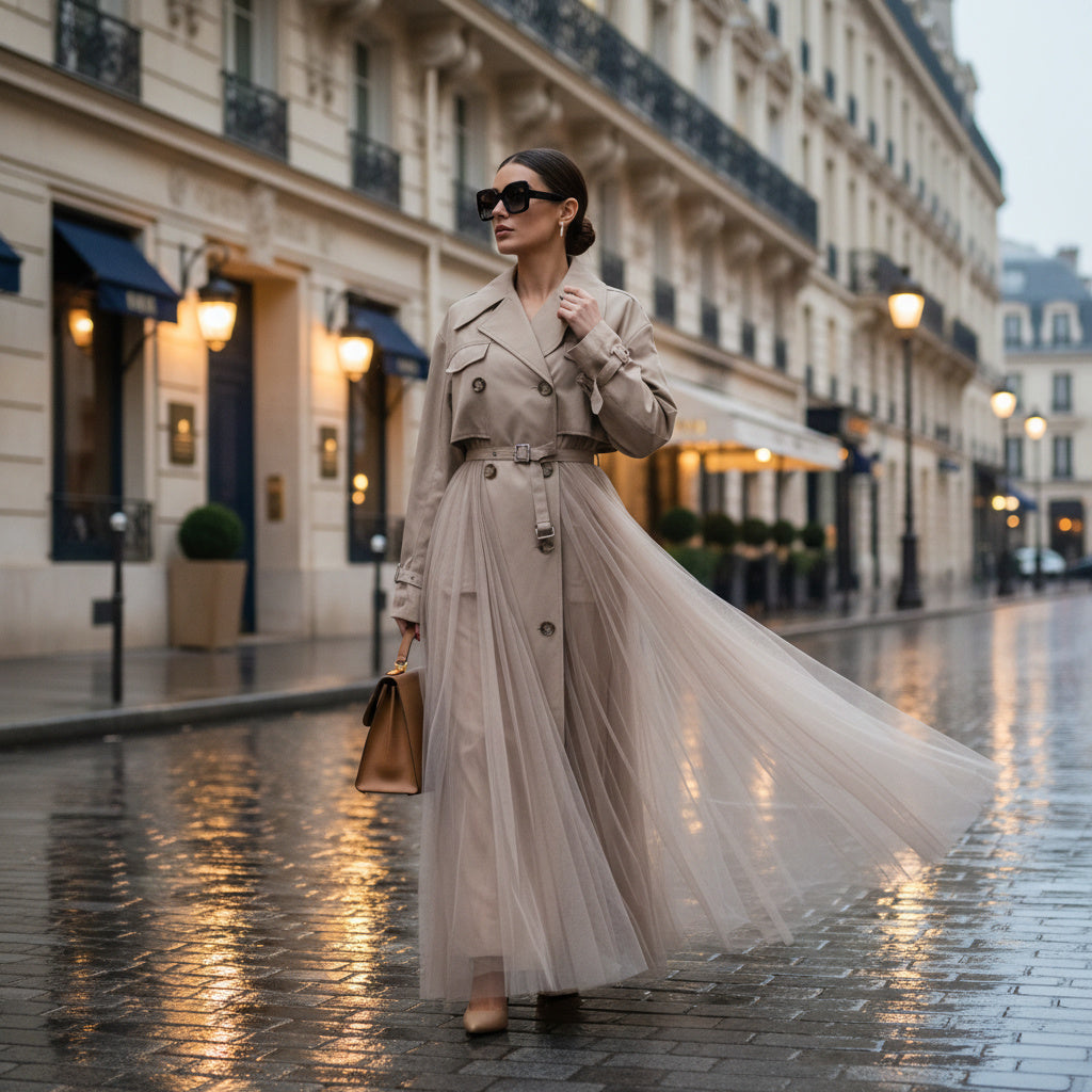 A woman wearing a beige trench coat with a long flowing tulle skirt walks down a wet Parisian street at dusk, holding a brown handbag.