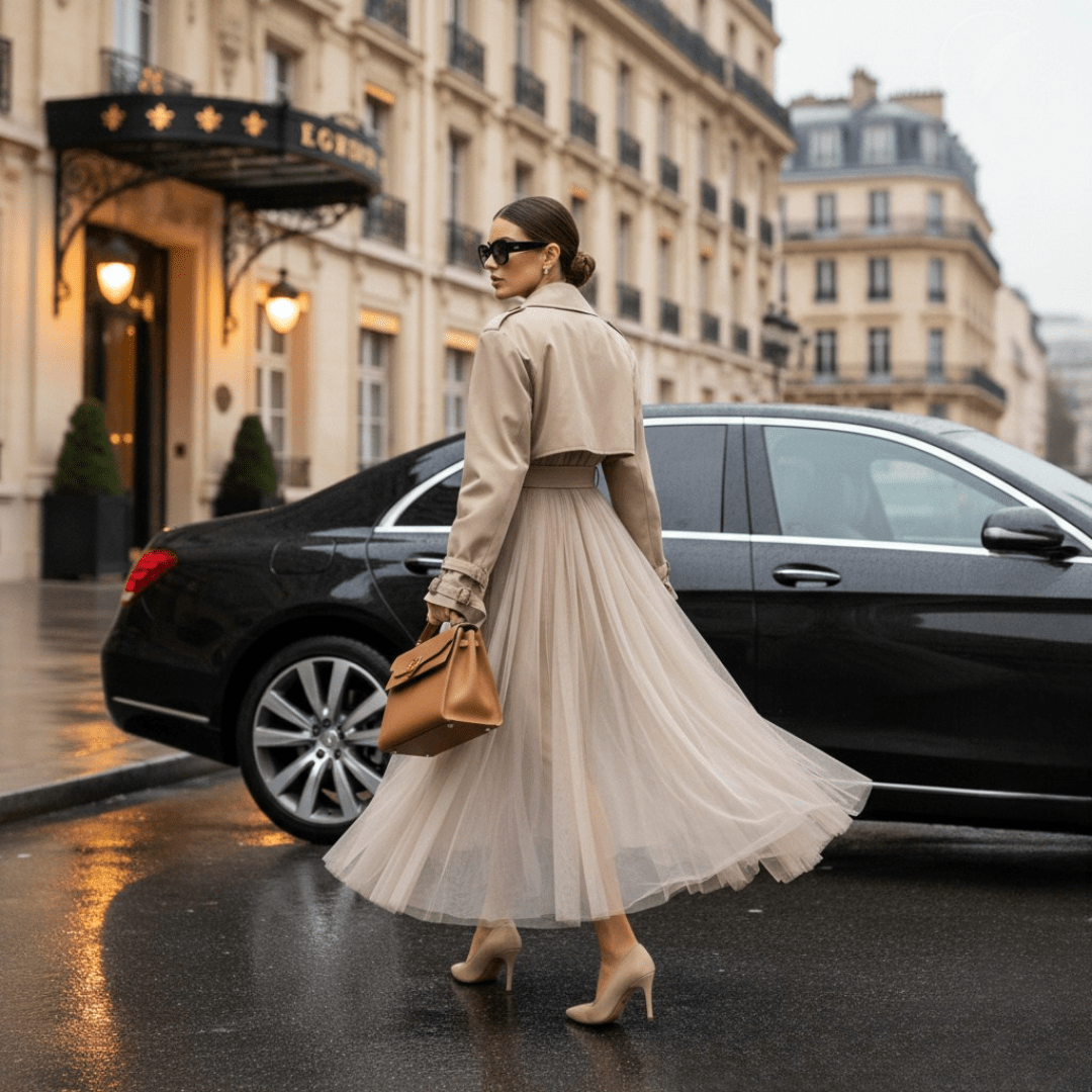 A woman in a beige cropped jacket and a flowing tulle midi skirt walks past a black car on a city street, carrying a tan handbag.