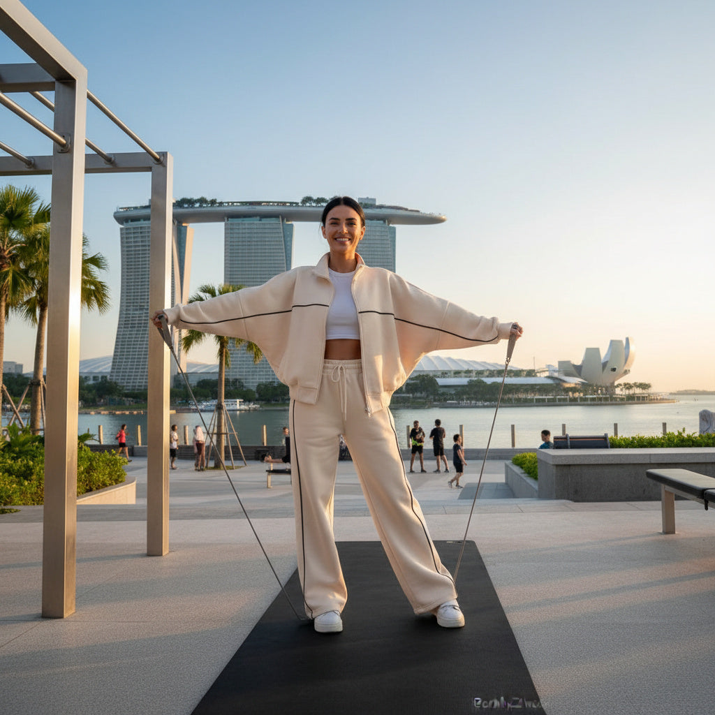 A woman stands outdoors in front of a waterfront skyline, holding a jump rope while wearing a light cream or off-white cropped jacket and matching wide-leg pants over a white crop top. The setting includes palm trees, a modern architectural background, and a black exercise mat beneath her.