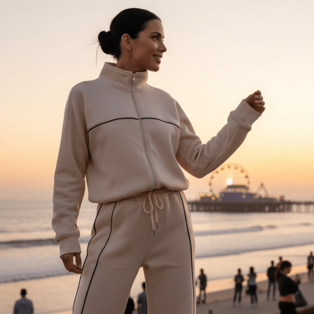 A woman wearing a beige zip-up jacket and matching drawstring pants stands on a beach at sunset, with the ocean and a pier in the background.