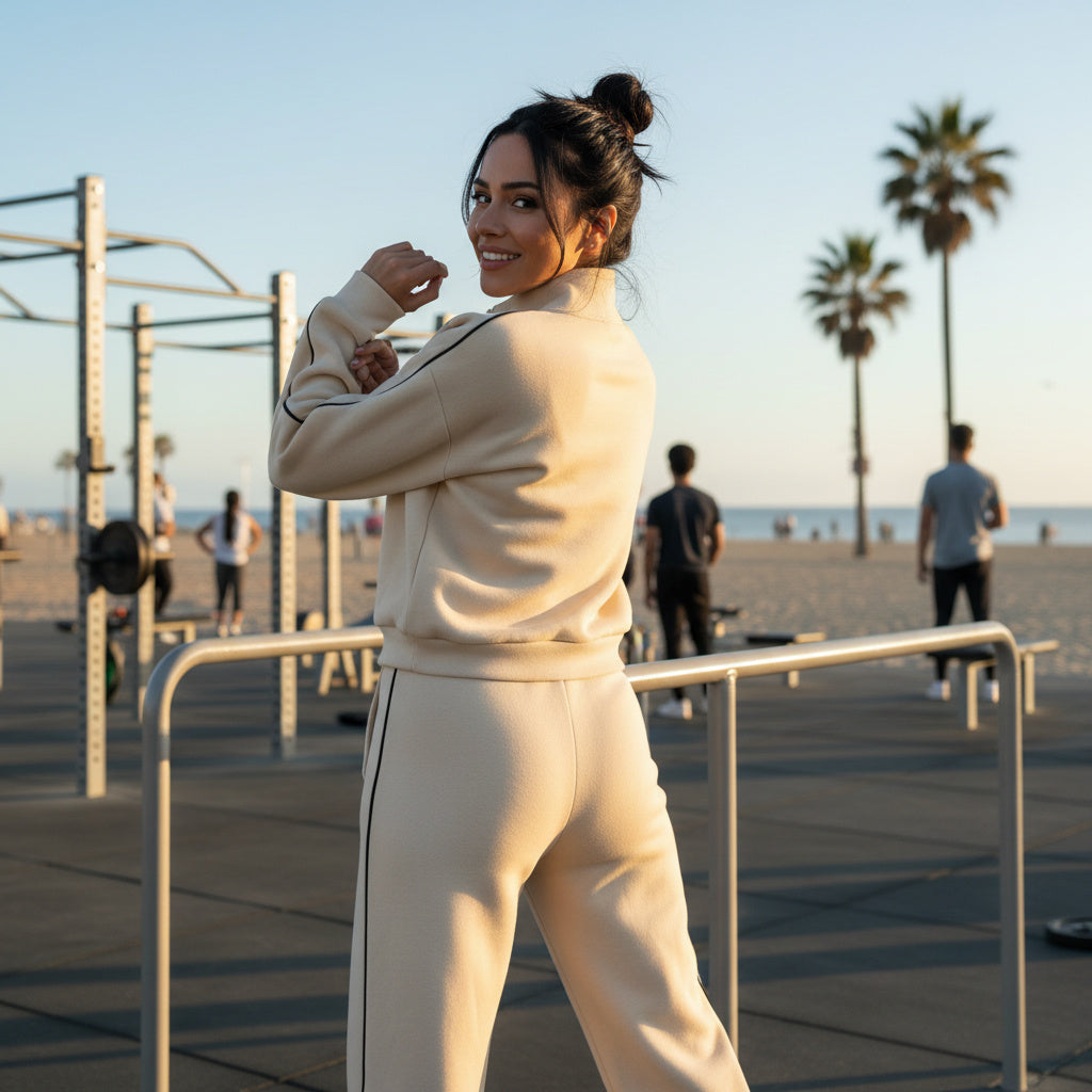 A woman in a cream-colored athletic tracksuit stands on a beachside outdoor workout area at sunset, looking back over her shoulder. The background features a sandy beach, palm trees, and other gym-goers.