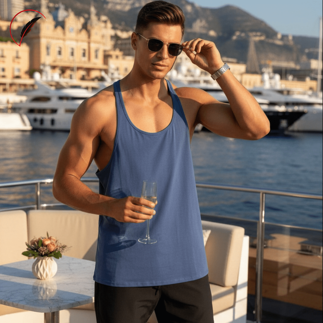 A man wearing a blue athletic tank top and black pants stands on a yacht deck with a harbor and buildings in the background, holding a champagne flute.
