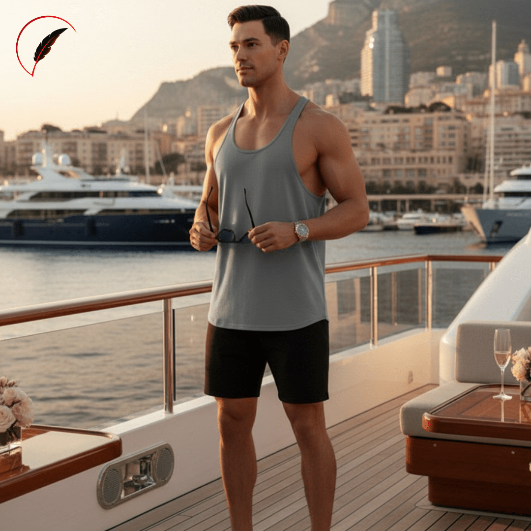 A man stands on a yacht deck wearing a light gray tank top and black shorts, with a marina and mountains in the background at sunset.