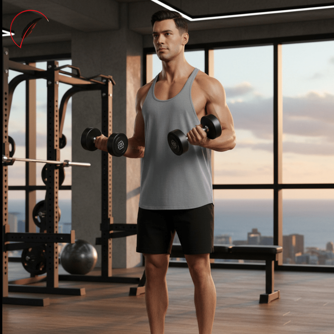 A muscular man in a gym setting, wearing a light gray tank top and black athletic shorts while lifting two dumbbells. The background features a large window with a city skyline at sunset and gym equipment.