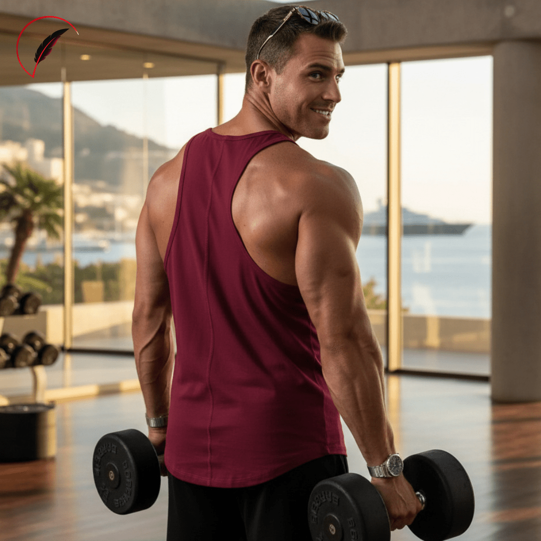 A muscular man in a gym wearing a sleeveless maroon tank top, holding dumbbells. The background shows a large window overlooking a scenic coastal view.