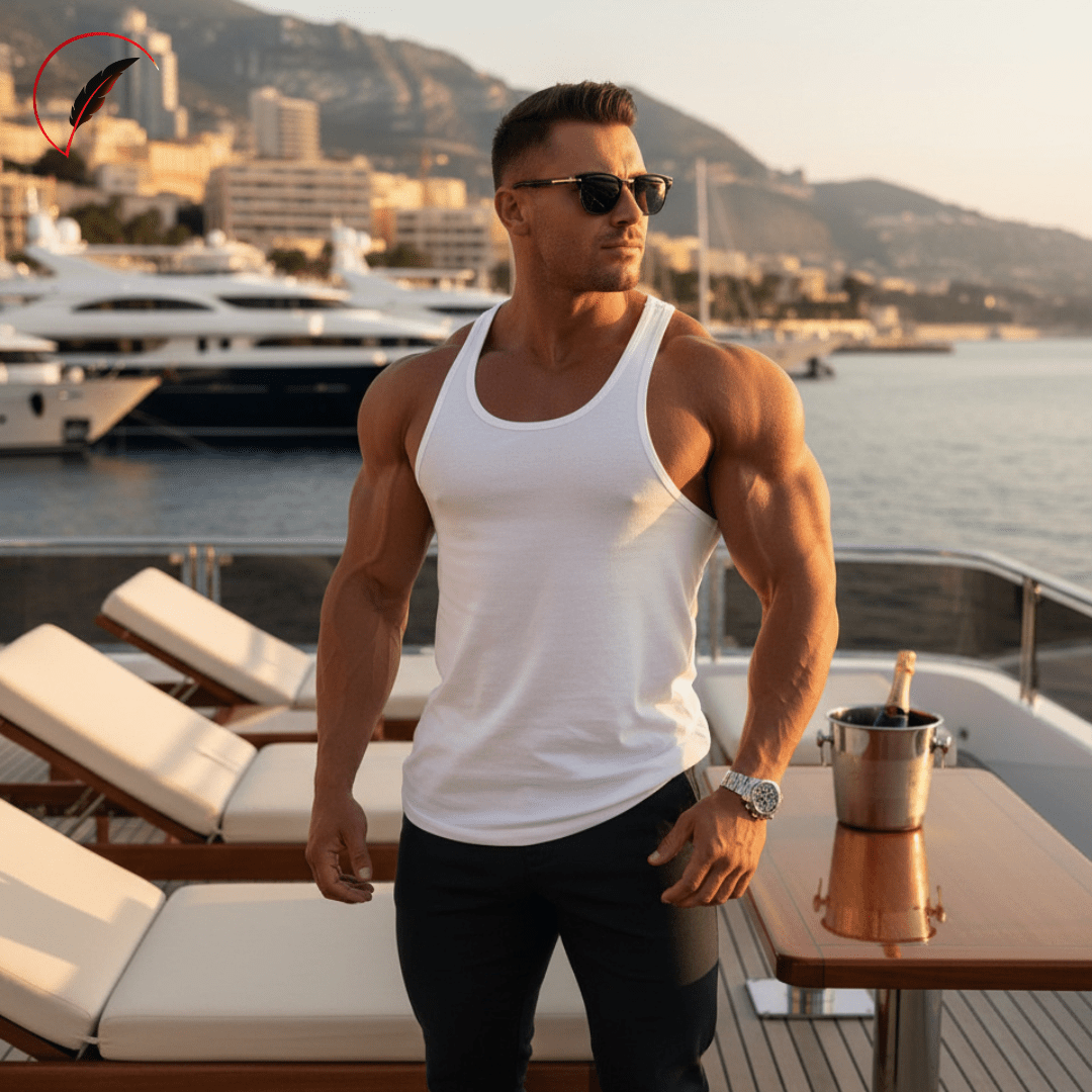 A muscular man wearing a white ribbed tank top and dark pants stands on a yacht deck with yachts and a coastal city in the background at sunset.
