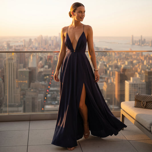 A woman wearing a navy blue floor-length gown with a plunging neckline, thin straps, and a thigh-high slit, standing on a rooftop terrace with a city skyline and water in the background at sunset.