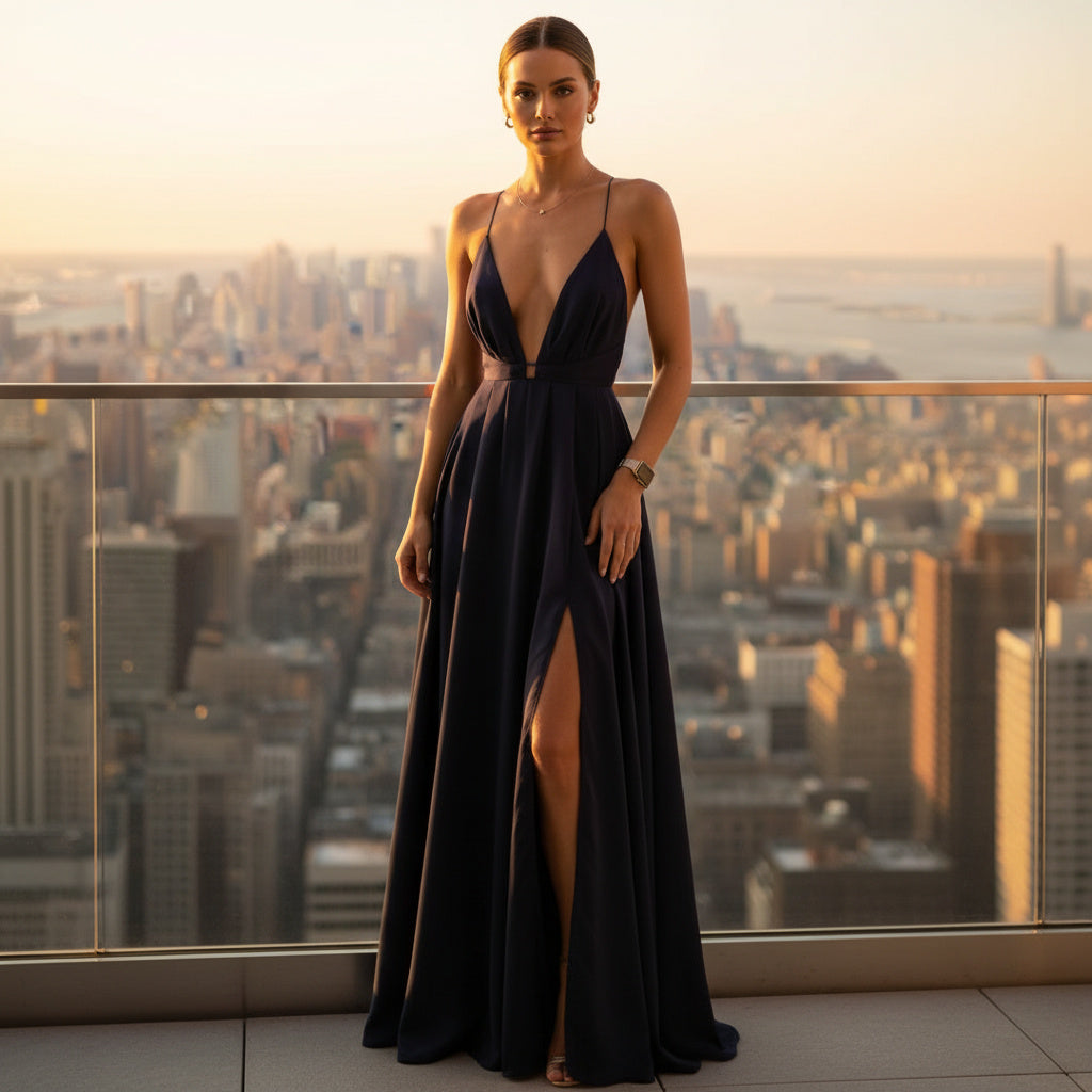 A woman stands on a rooftop balcony at sunset wearing a floor-length navy evening gown with thin straps, a deep plunging neckline, a fitted waist, and a high thigh slit. The background shows a blurred city skyline.