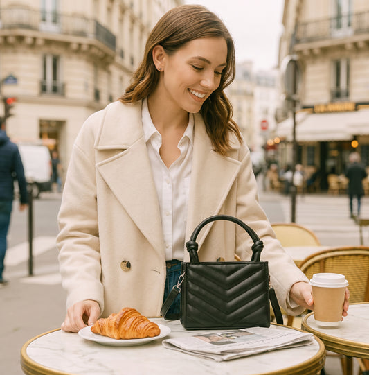 A woman in a cream coat and white shirt stands at a Parisian cafe table with a black quilted handbag, a croissant, and a coffee cup.