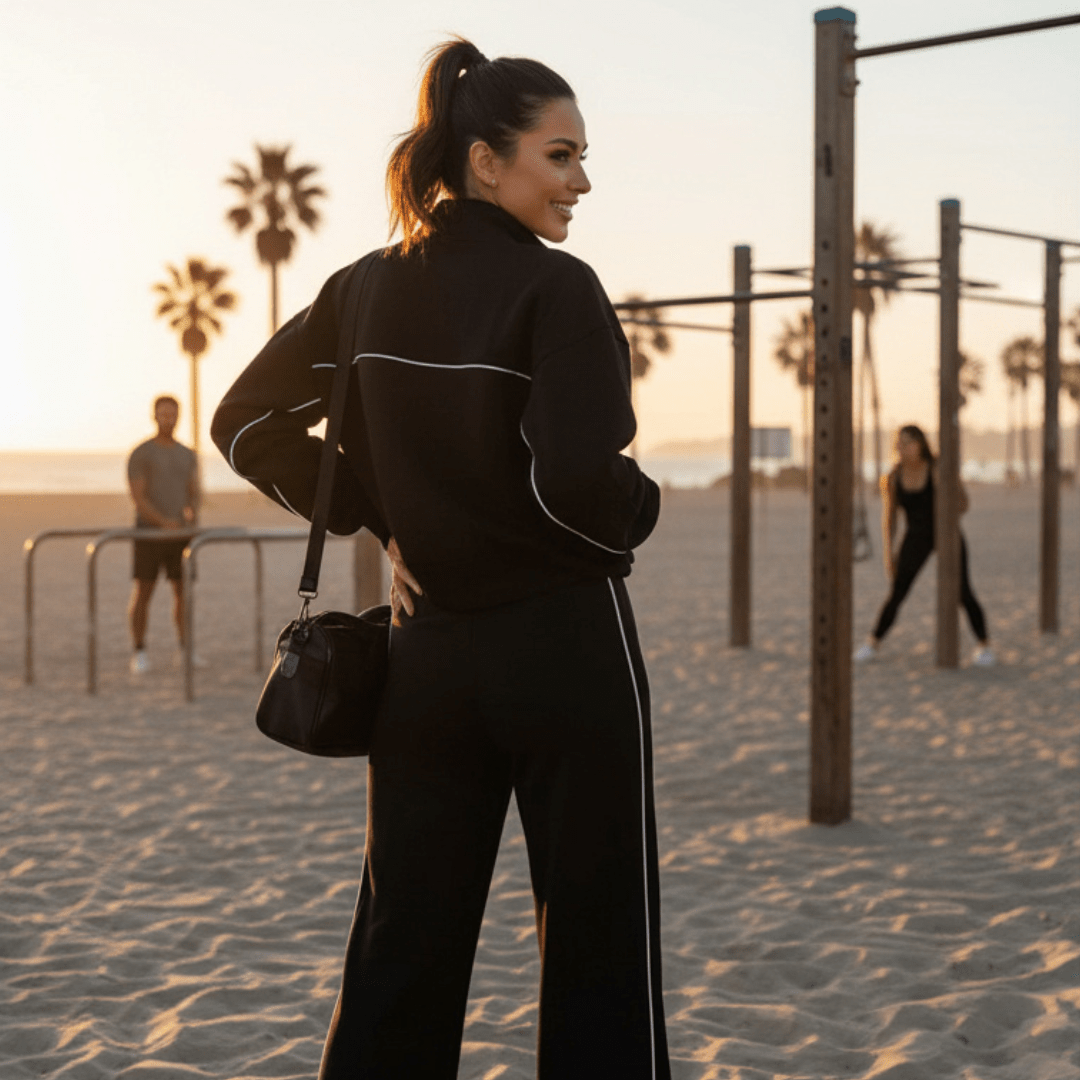 A woman in a black athletic tracksuit with white piping stands on a sandy beach at sunset, looking over her shoulder. She is wearing a black shoulder bag and has pull-up bars and palm trees in the background.