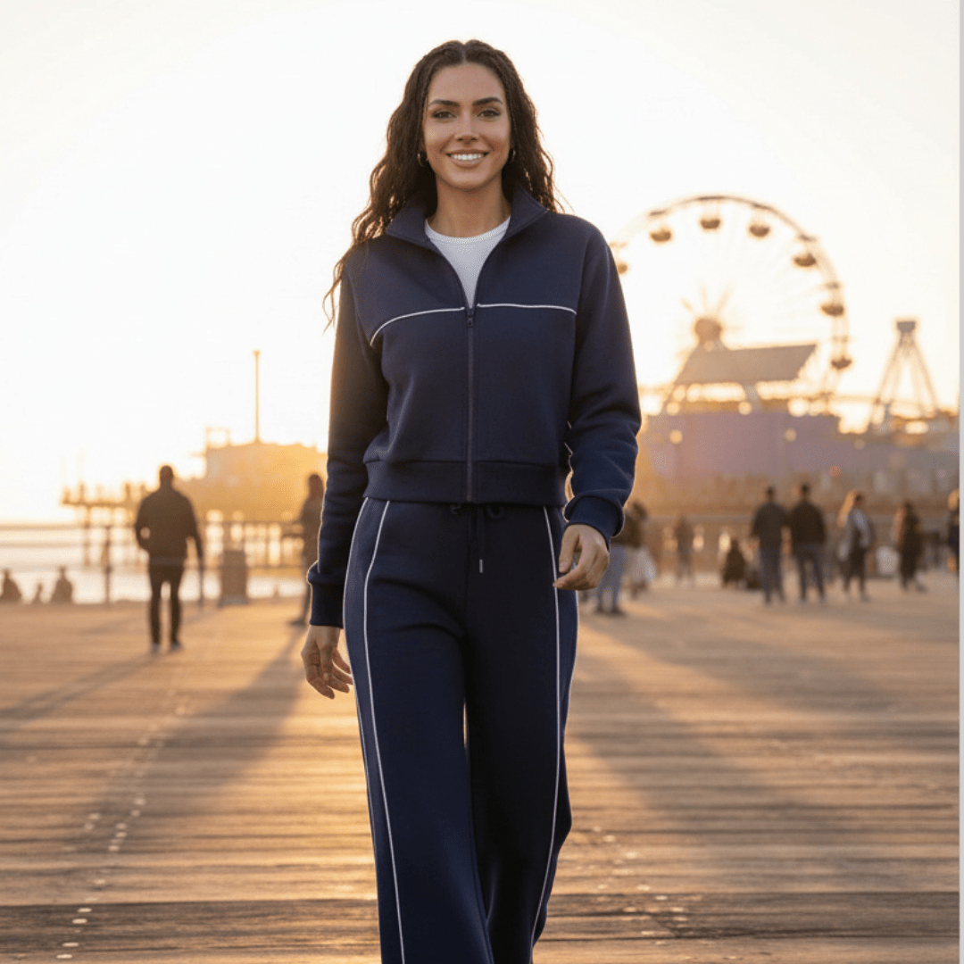 A woman stands on a wooden boardwalk at sunset wearing a navy blue zip-up tracksuit with white piping details. The background shows a blurred pier scene with a ferris wheel and other people.