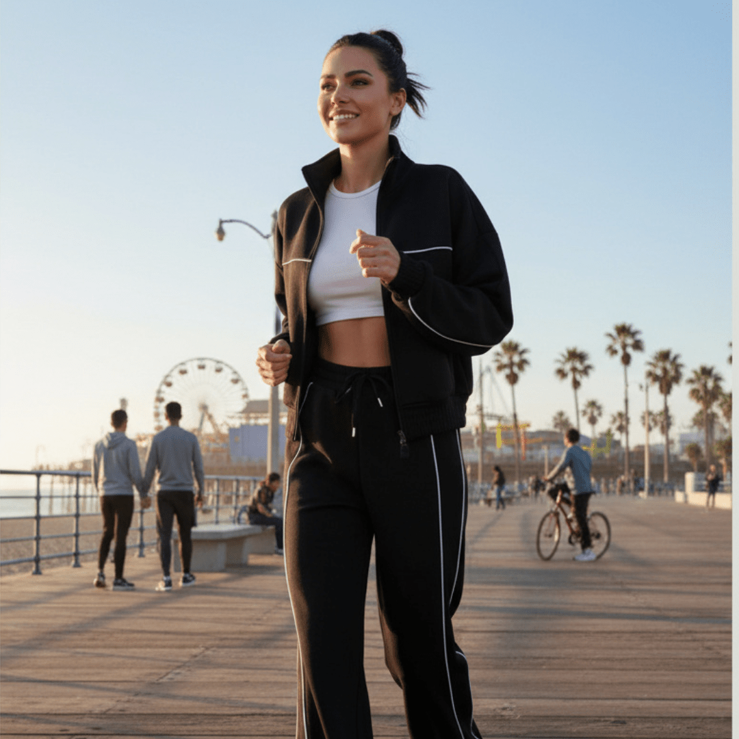 A woman jogging on a boardwalk wearing a black zip-up athletic jacket with white piping, matching black track pants with white side stripes, and a white cropped tank top. The background shows a sunny boardwalk scene with palm trees, a ferris wheel, and other joggers.
