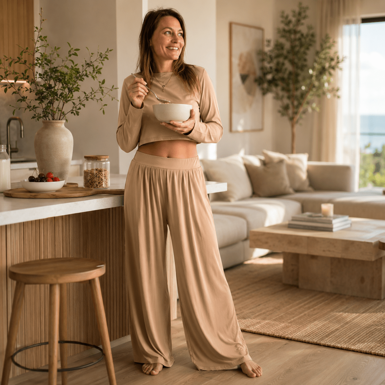 A woman stands barefoot in a bright, modern kitchen and living room setting, wearing a matching beige lounge set consisting of a long-sleeve crop top and wide-leg pants. She is holding a white bowl and spoon, smiling and looking to the side.
