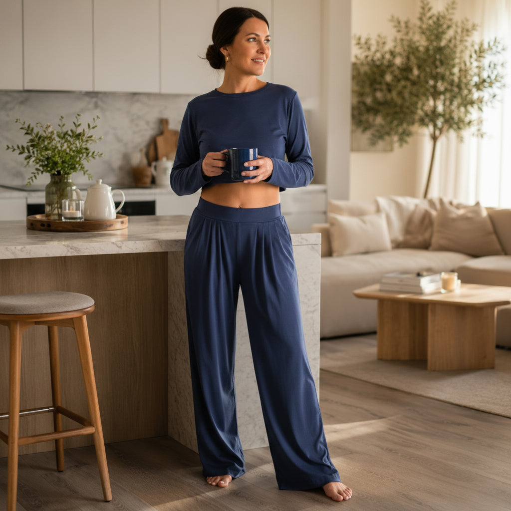 Woman in a blue outfit holding a mug in a modern living room.