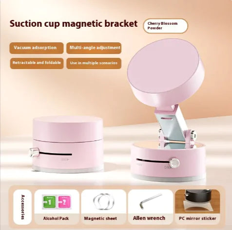 Pink suction cup magnetic bracket with adjustable arm on a light background