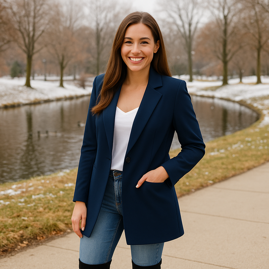 Women's Long Sleeve Solid Color Lapel Suit Jackets-Navy Blue