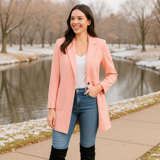 Women's Long Sleeve Solid Color Lapel Suit Jackets-Elegant Pink