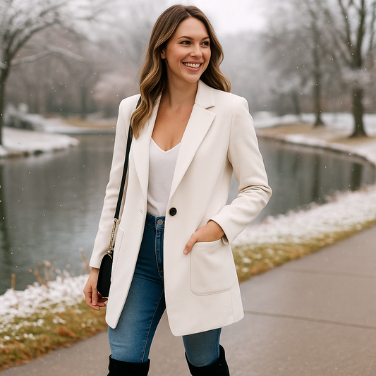 Women's Long Sleeve Solid Color Lapel Suit Jackets-Versatile White
