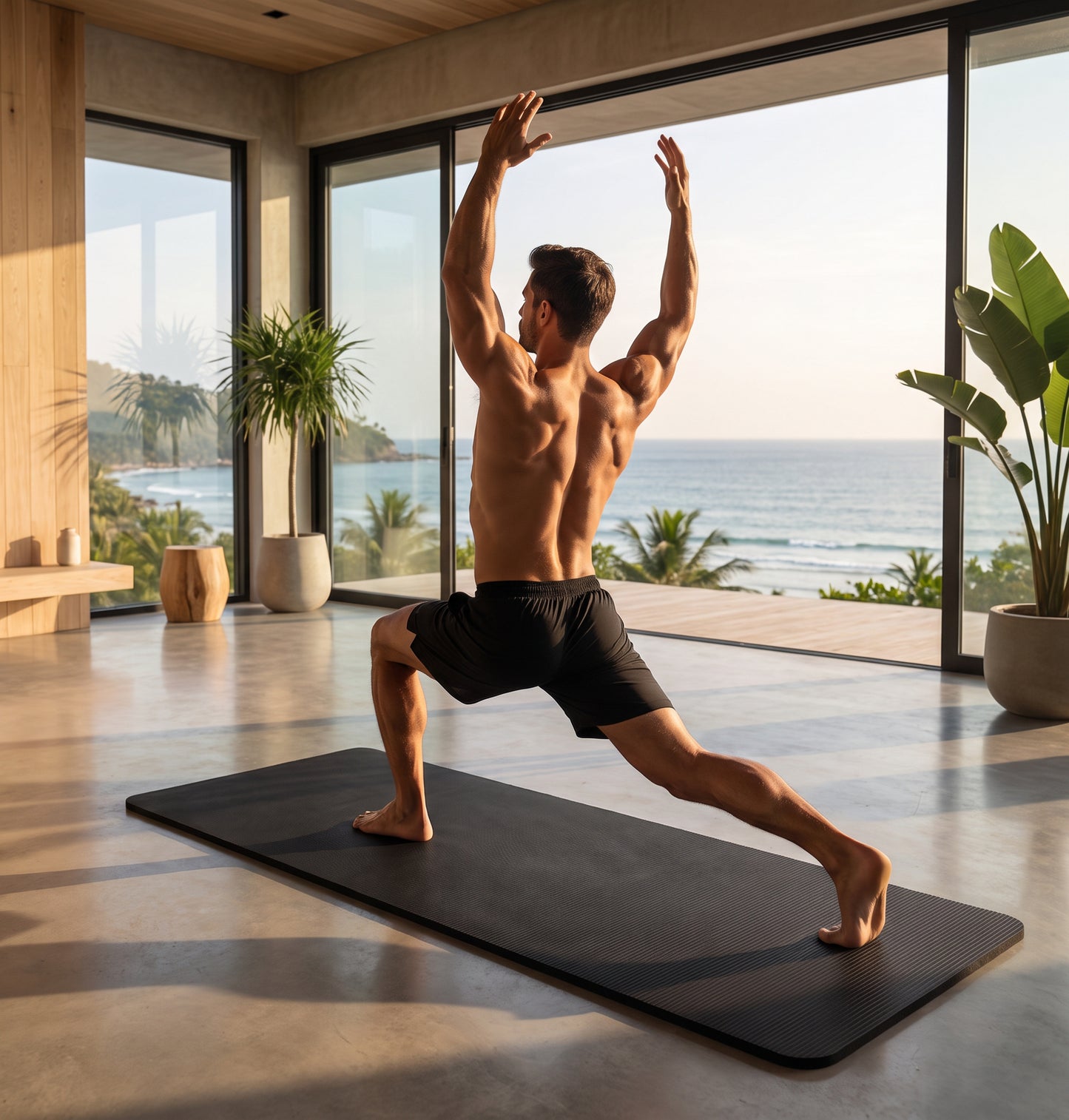 A shirtless man in black athletic shorts performs a yoga lunge pose on a black mat inside a modern, sunlit room with large windows overlooking the ocean.