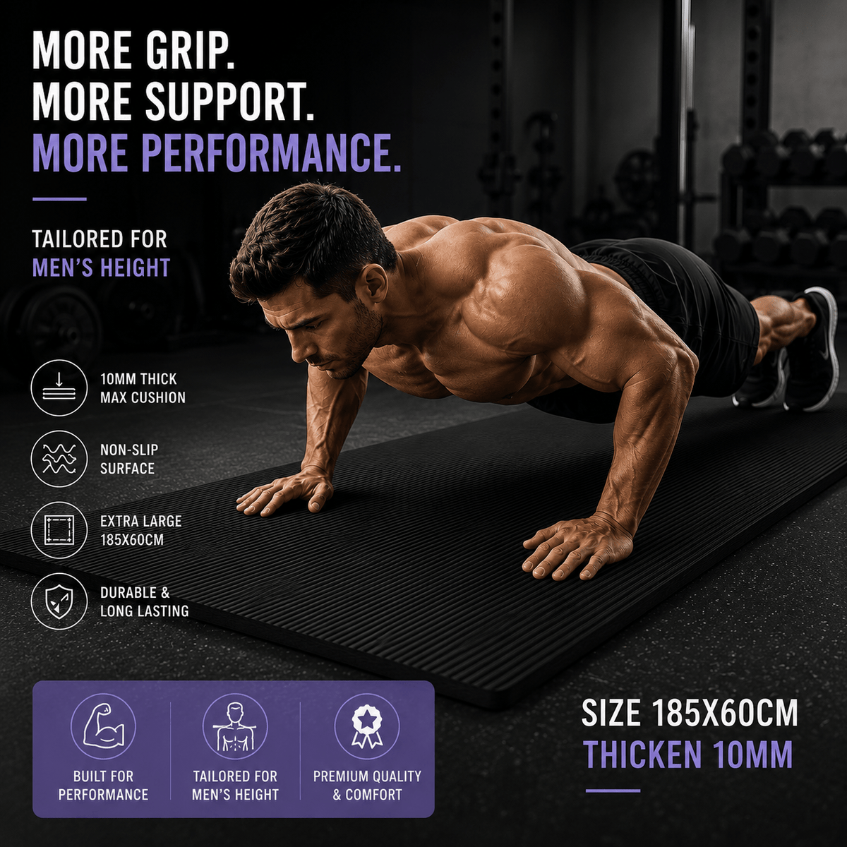 A man in a black athletic outfit performs a push-up on a thick black textured exercise mat in a dark gym setting. The image includes marketing text highlighting grip, support, and performance, along with feature icons and size information for the mat.