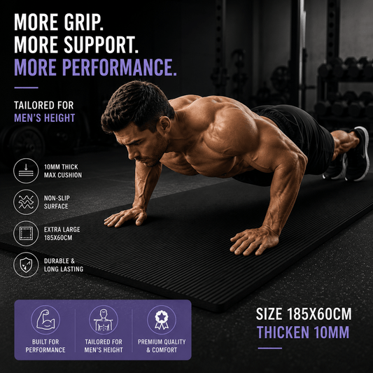 A man in a black athletic outfit performs a push-up on a thick black textured exercise mat in a dark gym setting. The image includes marketing text highlighting grip, support, and performance, along with feature icons and size information for the mat.
