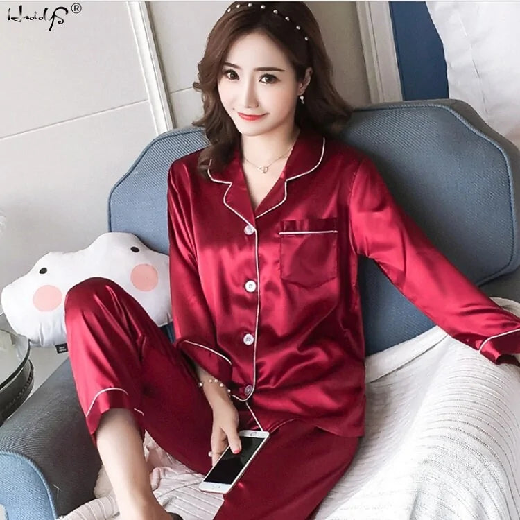 Silk Satin Pajamas-Long Pants and Tops