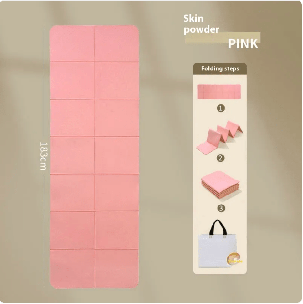 Pink folding mat with dimensions and folding steps on a beige background