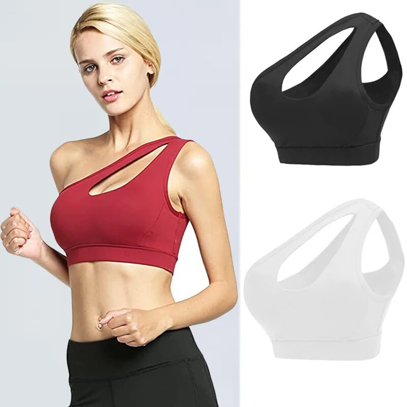 One-Shoulder Yoga Sports Bra; Sexy, Wire-Free, Push-Up Crop Top