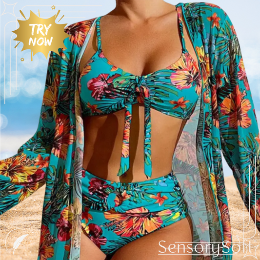 Three Piece Bikini Set with Floral Pattern