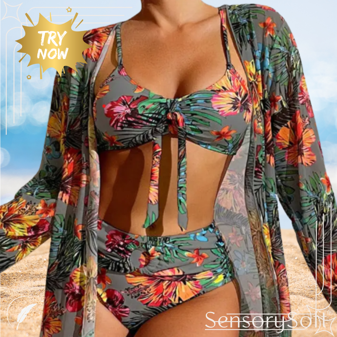 Three Piece Bikini Set with Floral Pattern