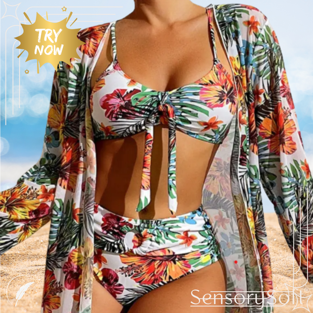 Three Piece Bikini Set with Floral Pattern