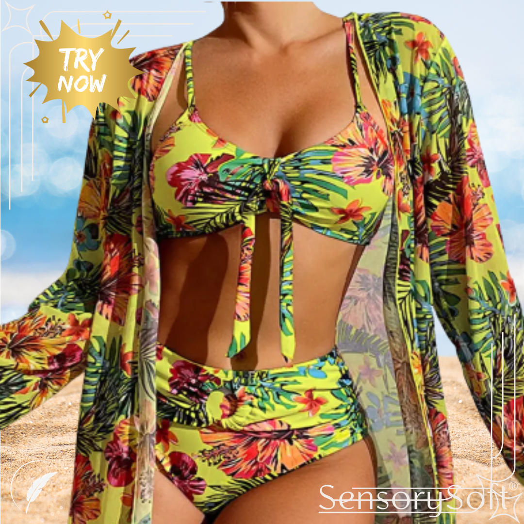 Three Piece Bikini Set with Floral Pattern