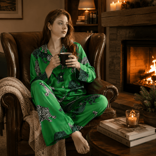 A woman sits in a brown leather armchair in a cozy living room, wearing a bright green pajama set with a black and white leopard print pattern and holding a black mug. A fireplace with a warm fire is visible in the background, along with a bookshelf, candles, and a small table with books and a candle holder.