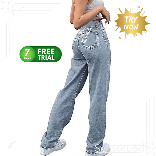 Butterfly Print Wide Straight Leg Blue Pants Jeans - SensorySoft