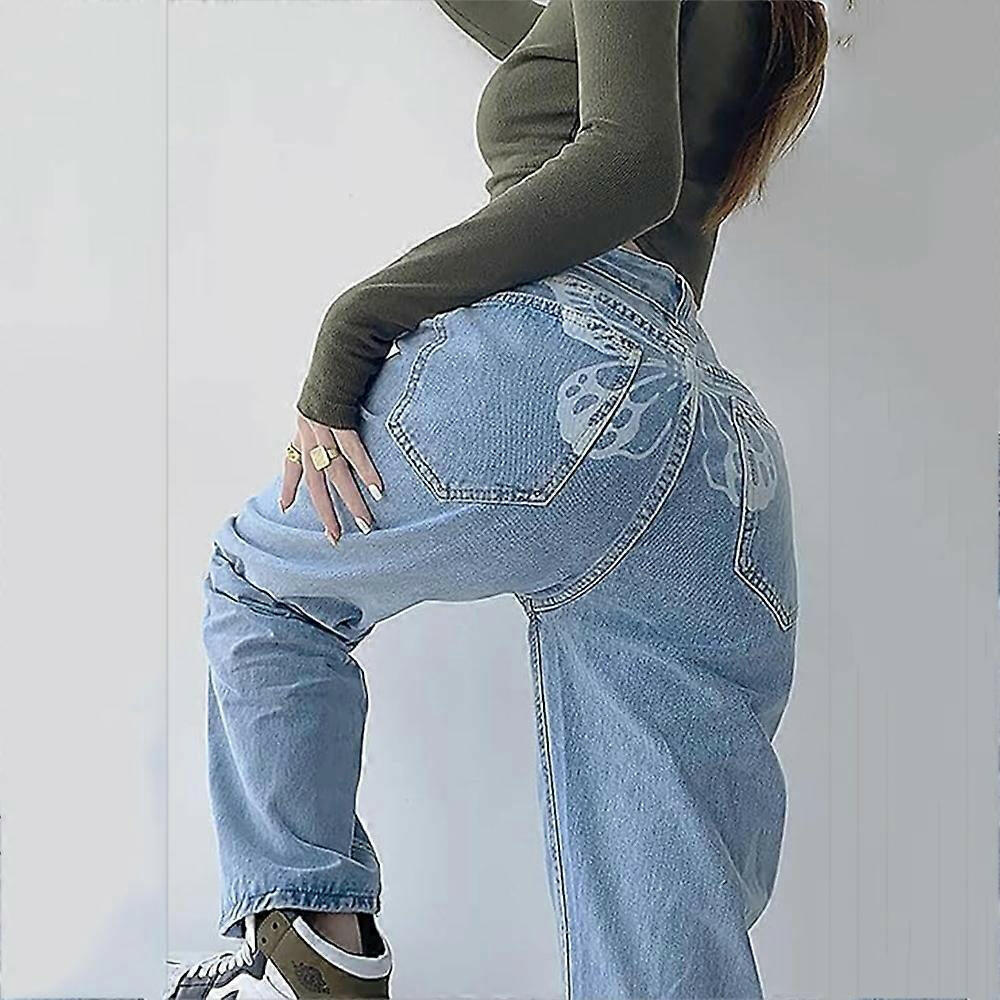 Butterfly Print Wide Straight Leg Blue Pants Jeans - SensorySoft