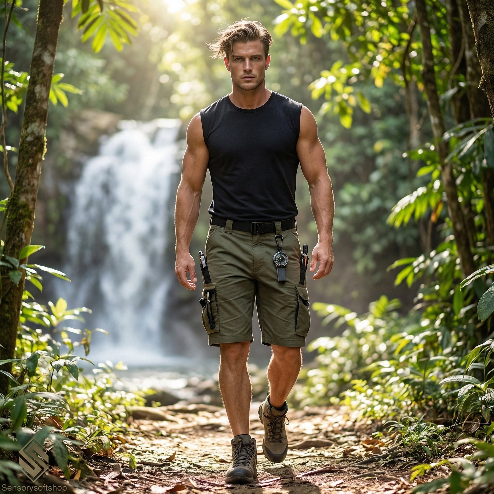 Man walking through a forest with a waterfall in the background