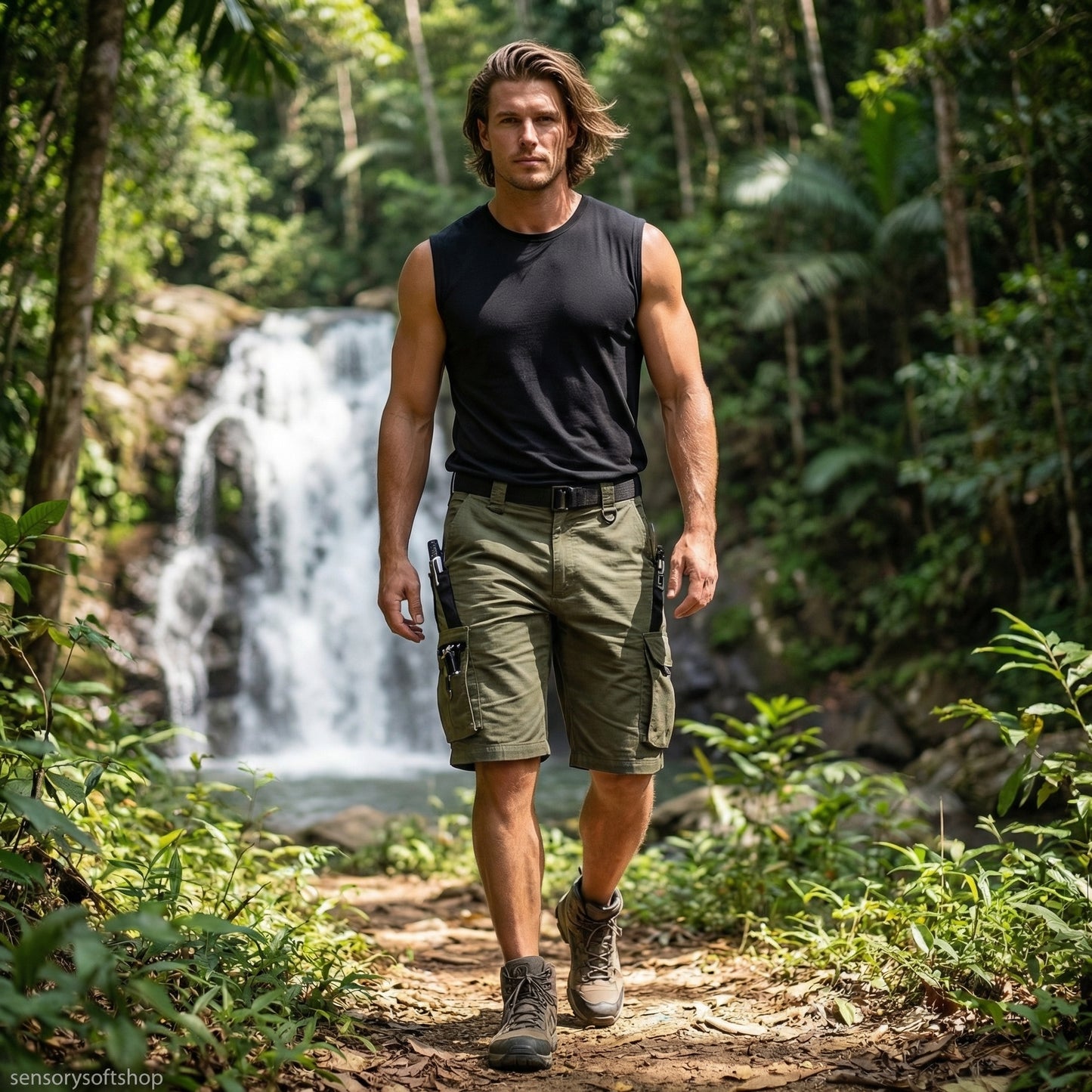 Man walking in a forest with a waterfall in the background