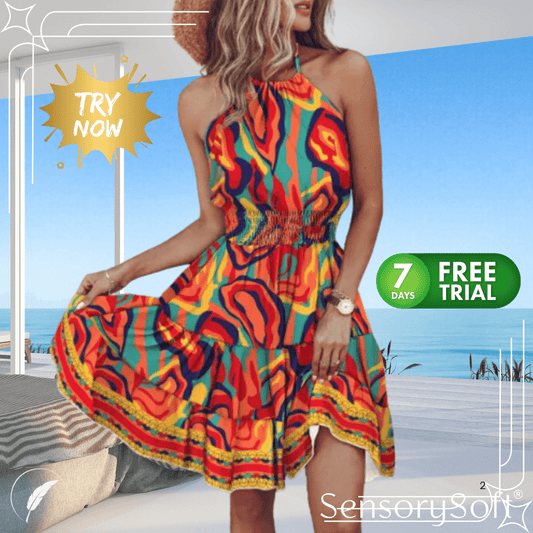 Chic Halter Dress - Vibrant 3D Prints - SensorySoft