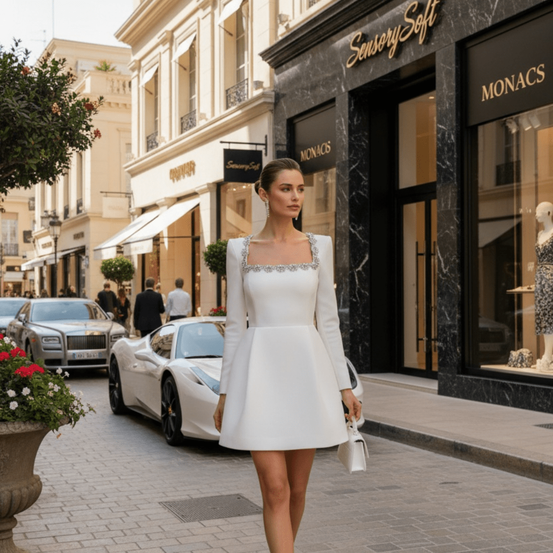 Chloe™ Maxikleid - Elegant Summer Long Sleeve Dress with Rhinestones - SensorySoftShop