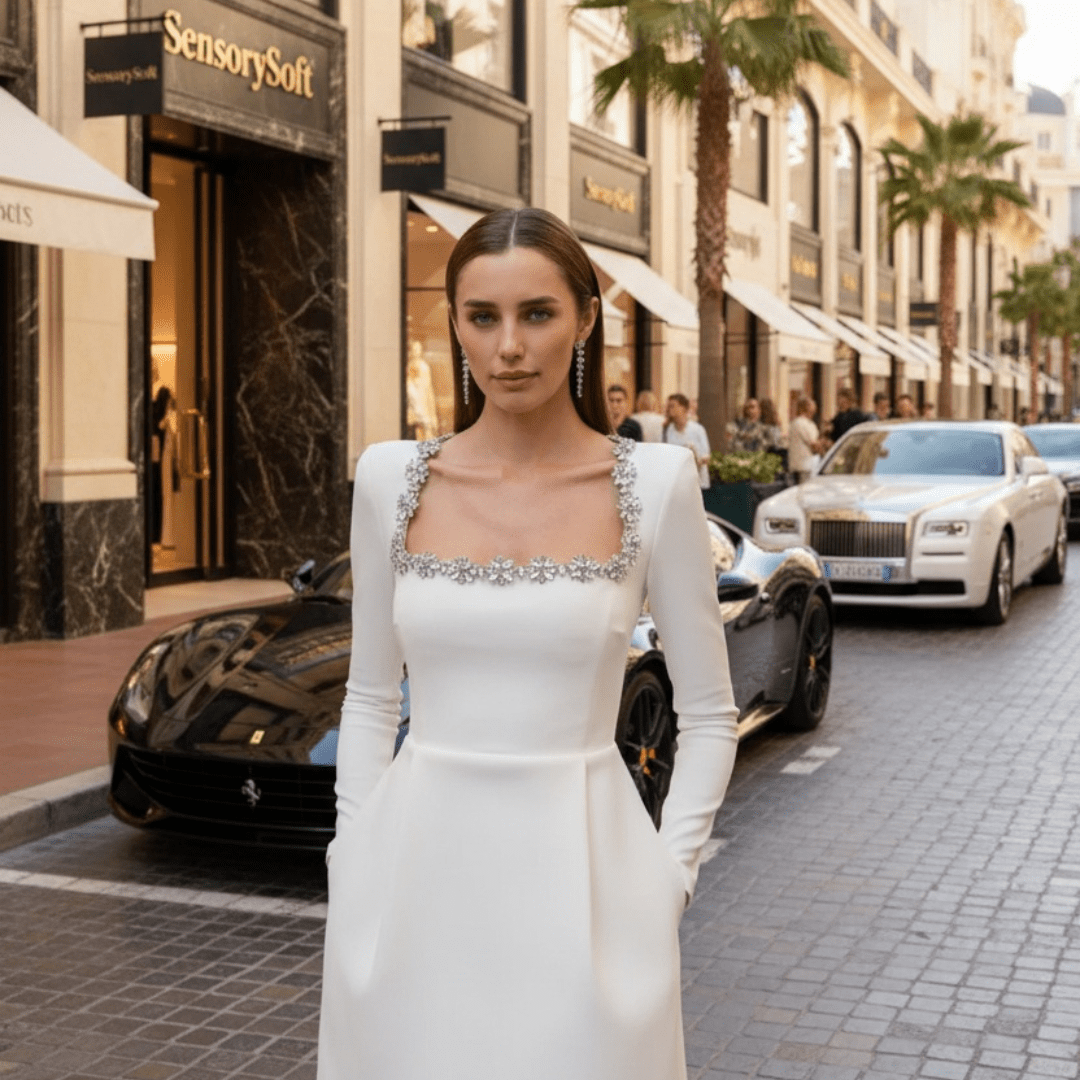 Chloe™ Maxikleid - Elegant Summer Long Sleeve Dress with Rhinestones - SensorySoftShop