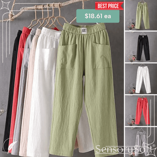Cotton And Linen Casual Trousers With Elastic Waistband - SensorySoft