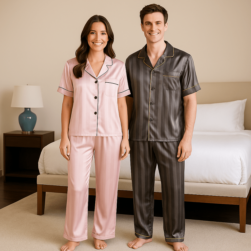 Couples Luxury Silk Pajamas Sets - Pink and Grey - SensorySoftShop