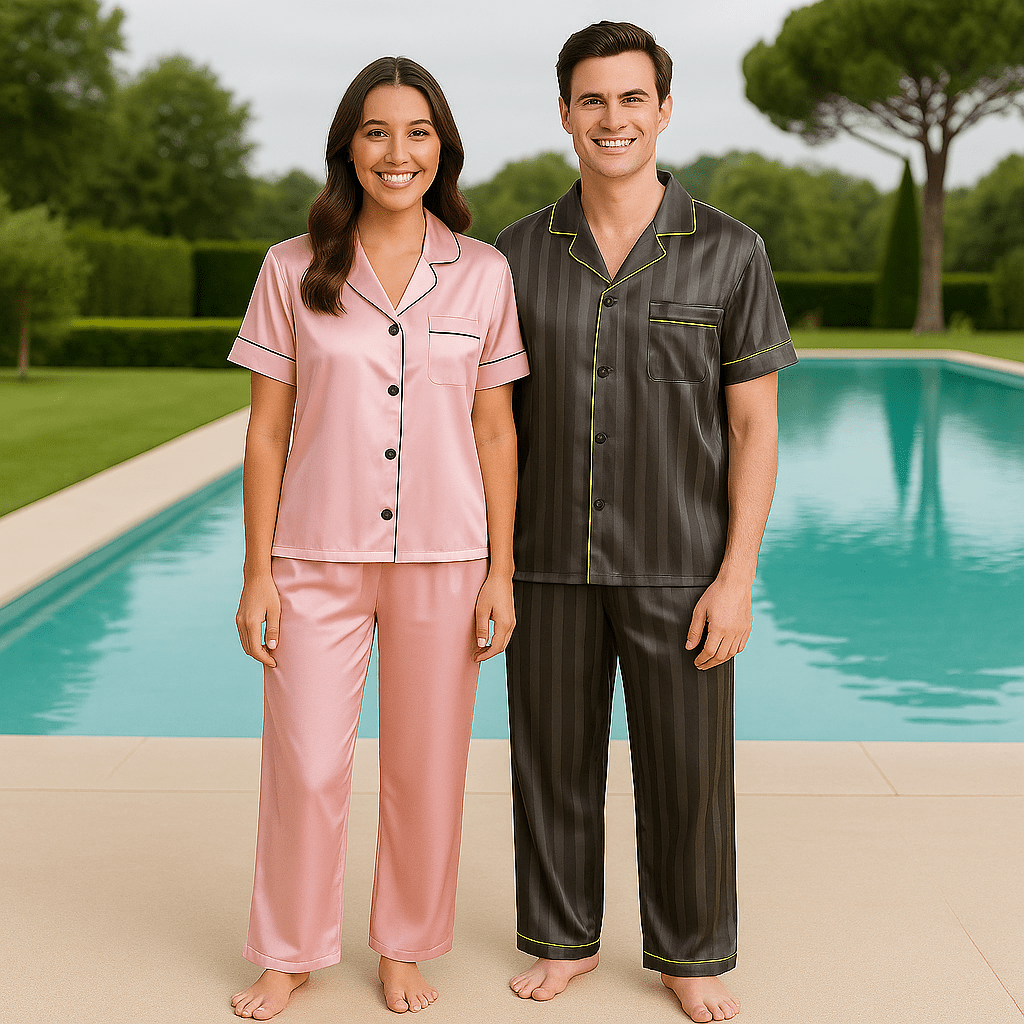 Couples Luxury Silk Pajamas Sets - Pink and Grey - SensorySoftShop