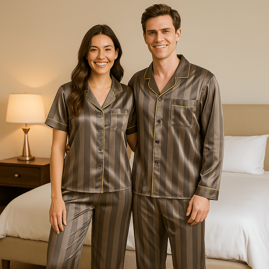 Couples Luxury Silk Pajamas Sets - Pink and Grey - SensorySoftShop