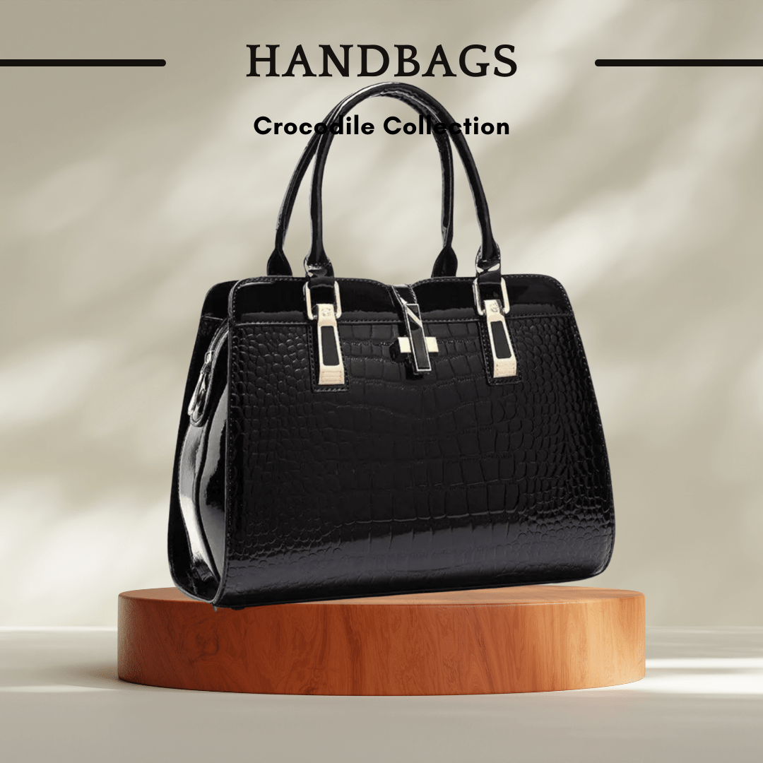 Crocodile Pattern Patent Leather Handbag in Black - SensorySoft