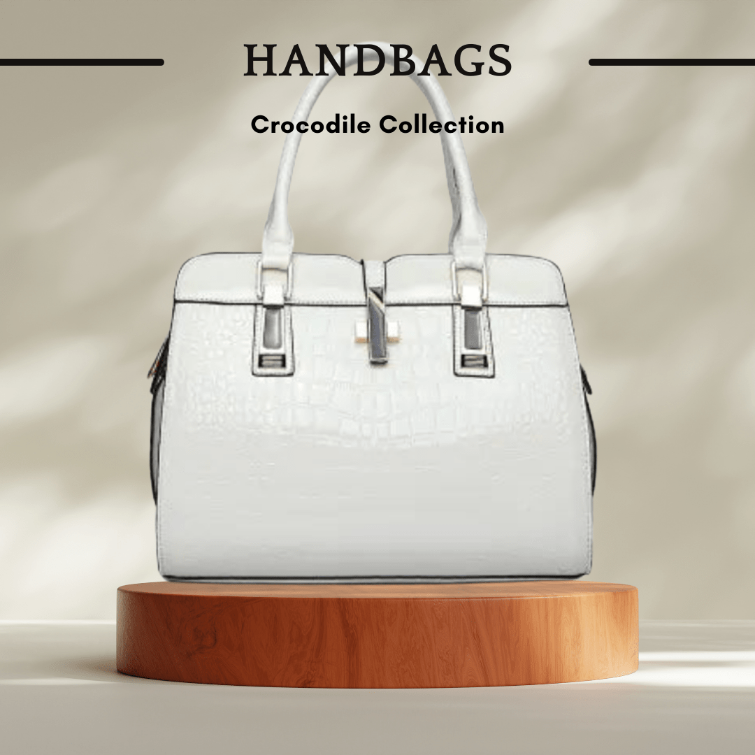 Crocodile Pattern Patent Leather Handbag in Crisp White - SensorySoft