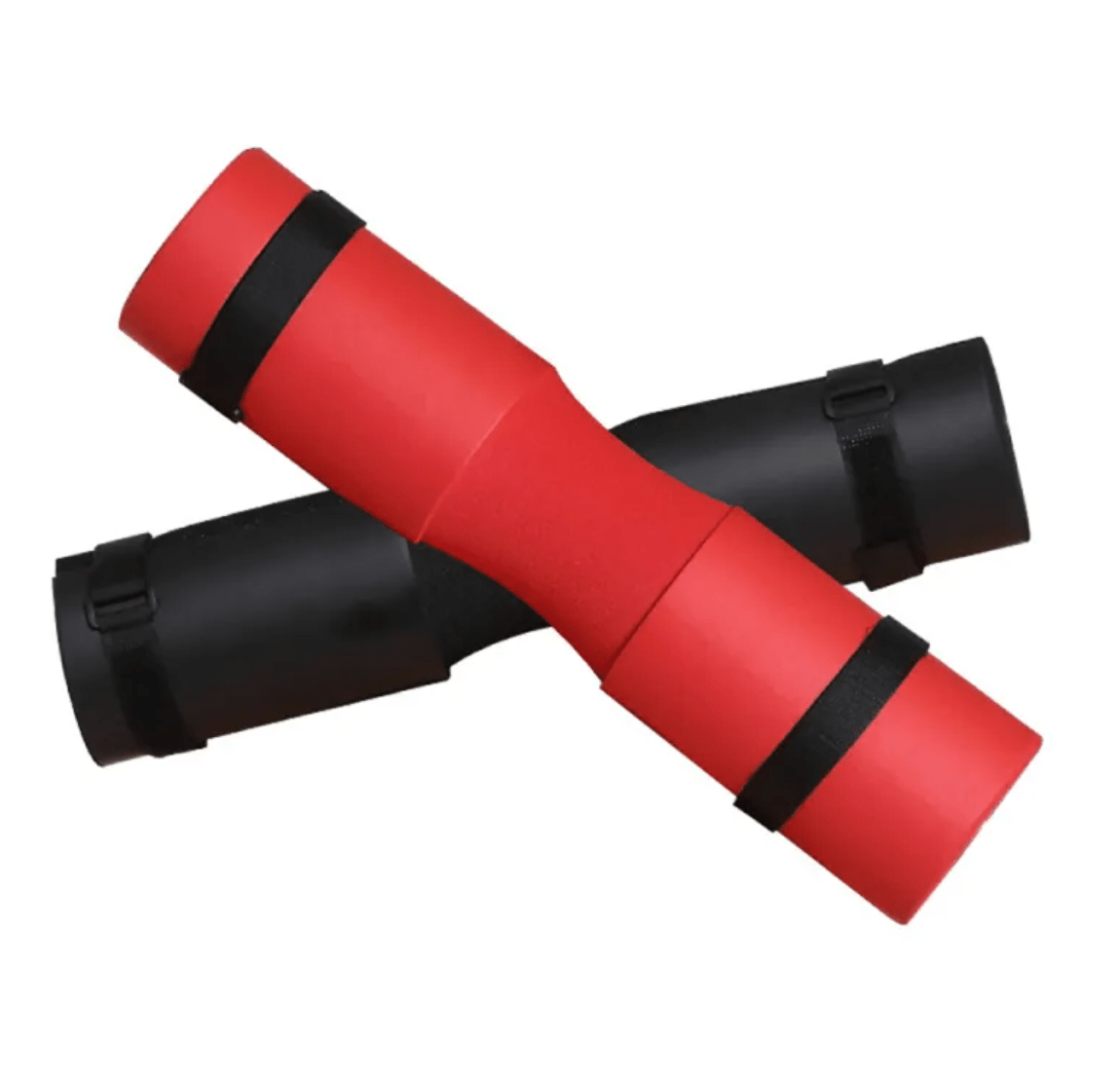 Red and black cylindrical objects with straps on a white background