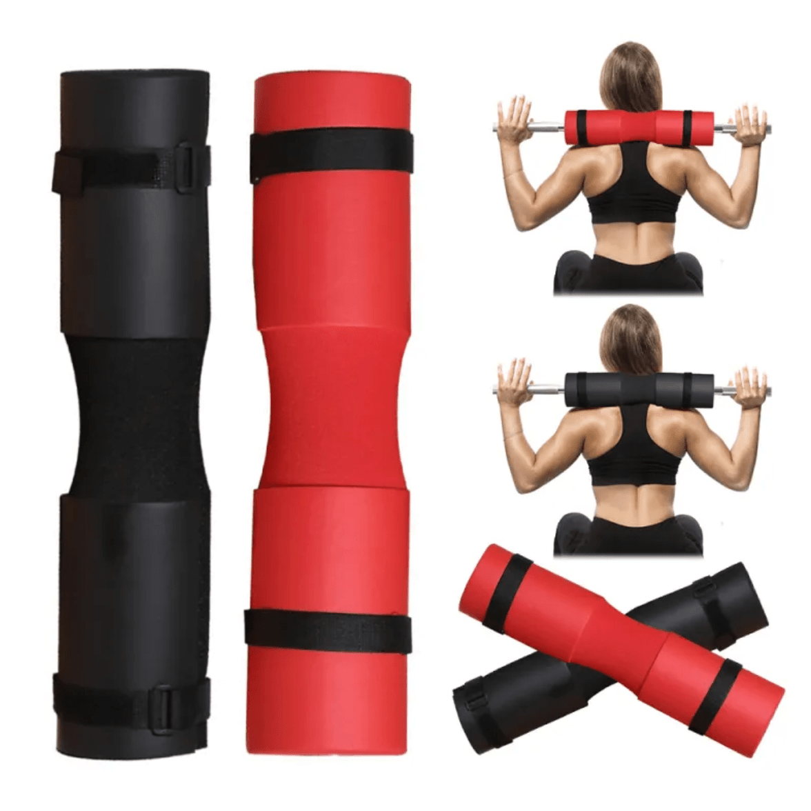 Red and black exercise mat with straps, shown from multiple angles on a white background.