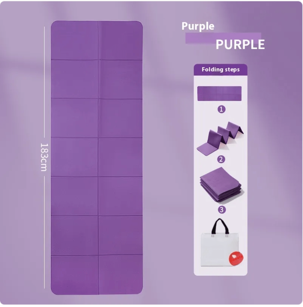 Purple yoga mat with folding instructions on a purple background