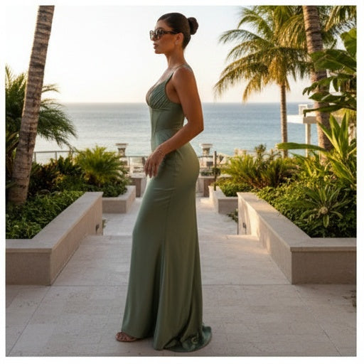 Woman in a green dress standing by a scenic ocean view with palm trees.